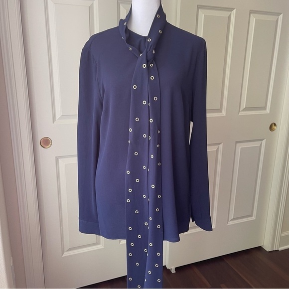 NWOT Michael Kors Navy Blue Tie Neck Blouse - Picture 3 of 13